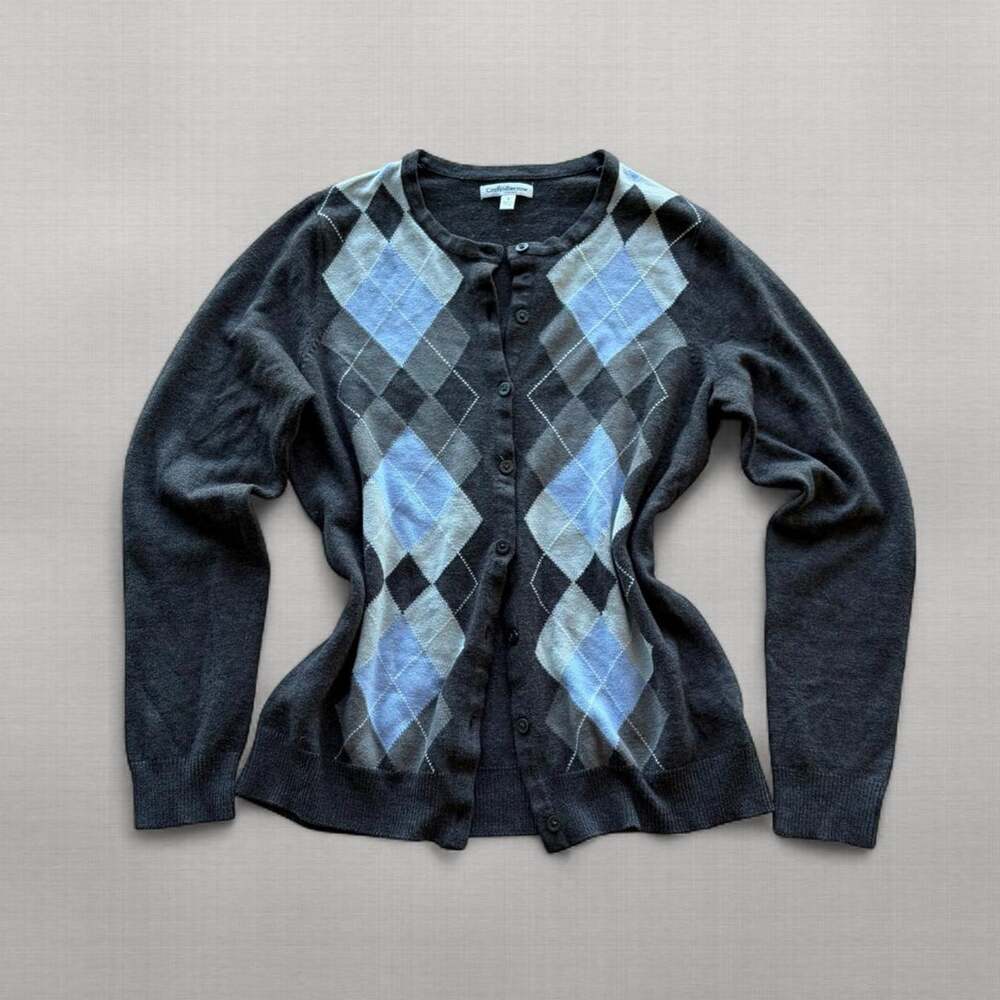Y2K Croft & Barrow Argyle Cardigan Sweater Womens S Charcoal Gray Blue Preppy